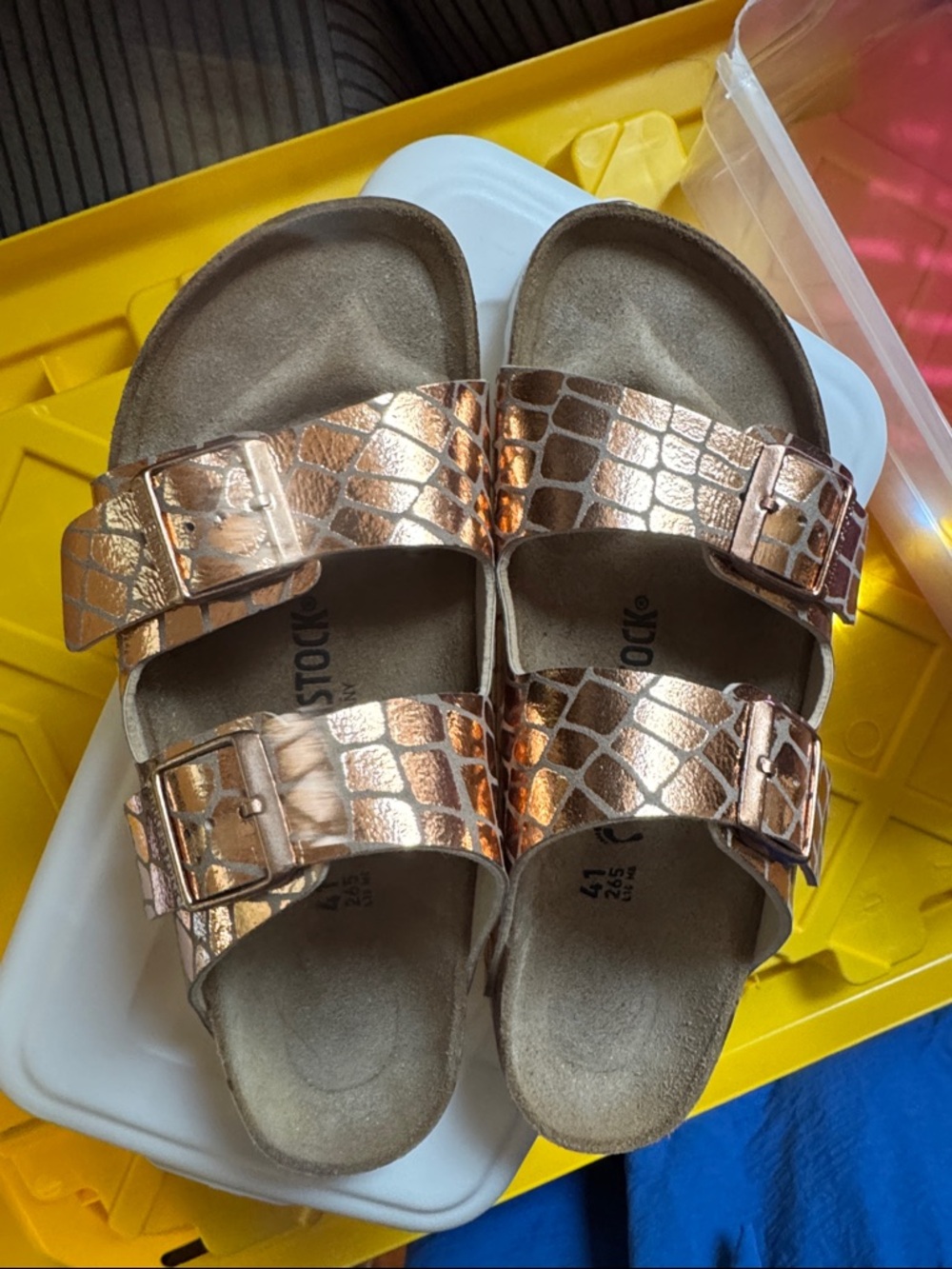 Birkenstock Womens Metallic Rose Gold Croc-Texture Two-Buckle Sandals